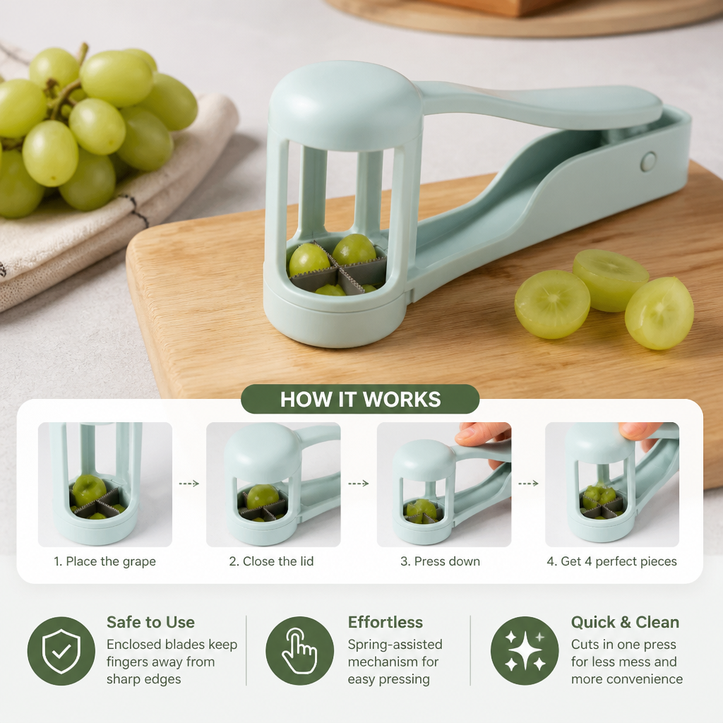 Stainless Steel Grape & Cherry Tomato Cutter – Safe One-Press Quarter Slicer for Toddlers & Kids