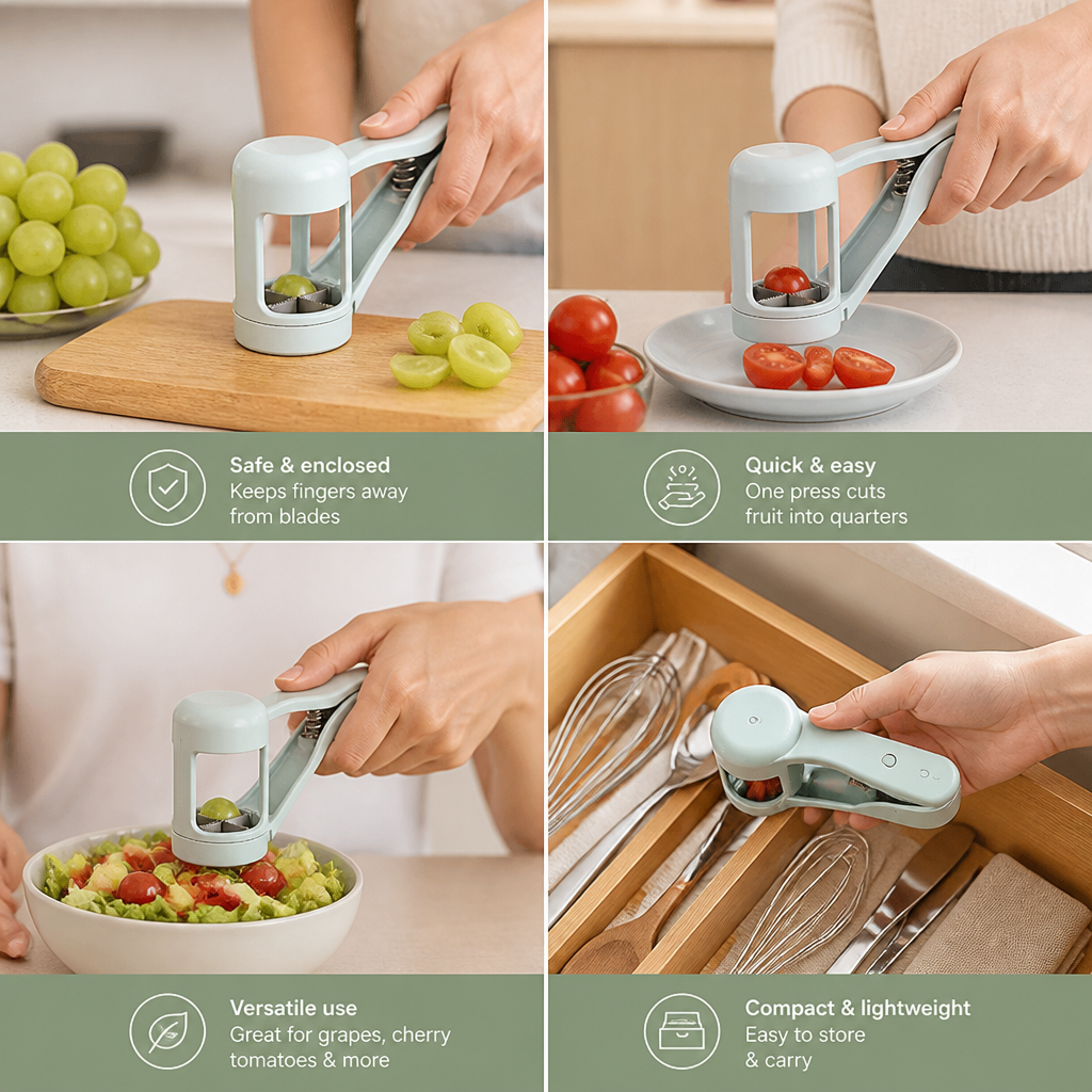 Stainless Steel Grape & Cherry Tomato Cutter – Safe One-Press Quarter Slicer for Toddlers & Kids