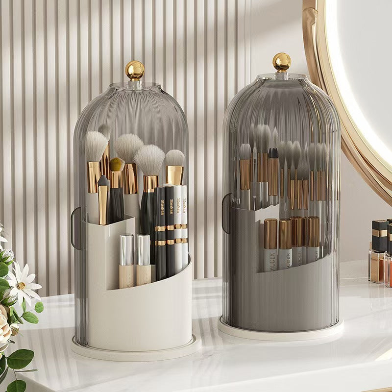 💄🔄 360° Rotating Makeup Brush Organizer – Clear Acrylic Cosmetic Storage Holder with Dust-Proof Lid ✨