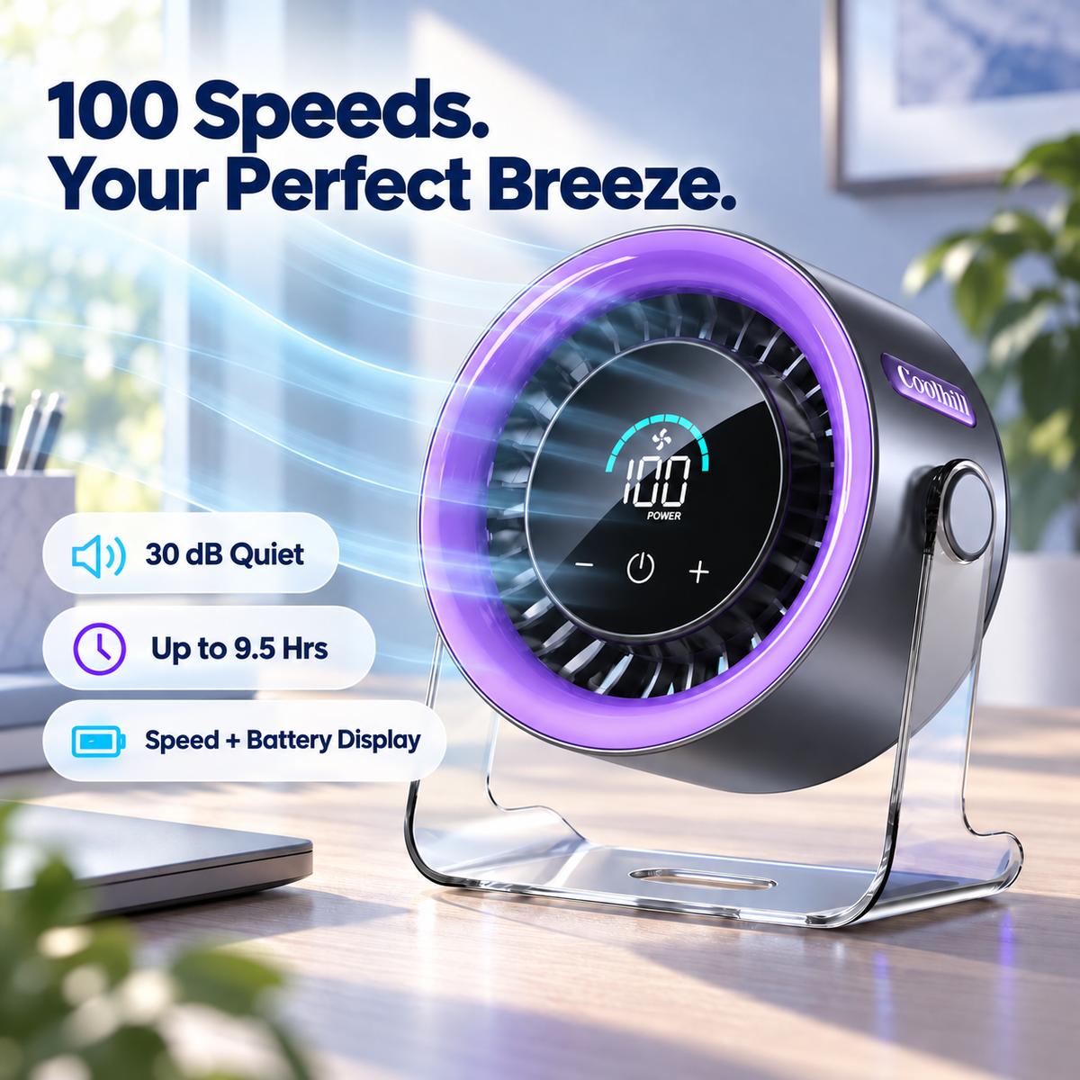 🌬️🔋 Coolhill Rechargeable Desk Fan – 100-Speed Digital Display & Quiet Portable Cooling ❄️