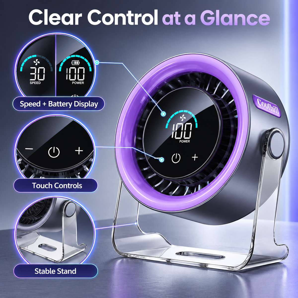 🌬️🔋 Coolhill Rechargeable Desk Fan – 100-Speed Digital Display & Quiet Portable Cooling ❄️