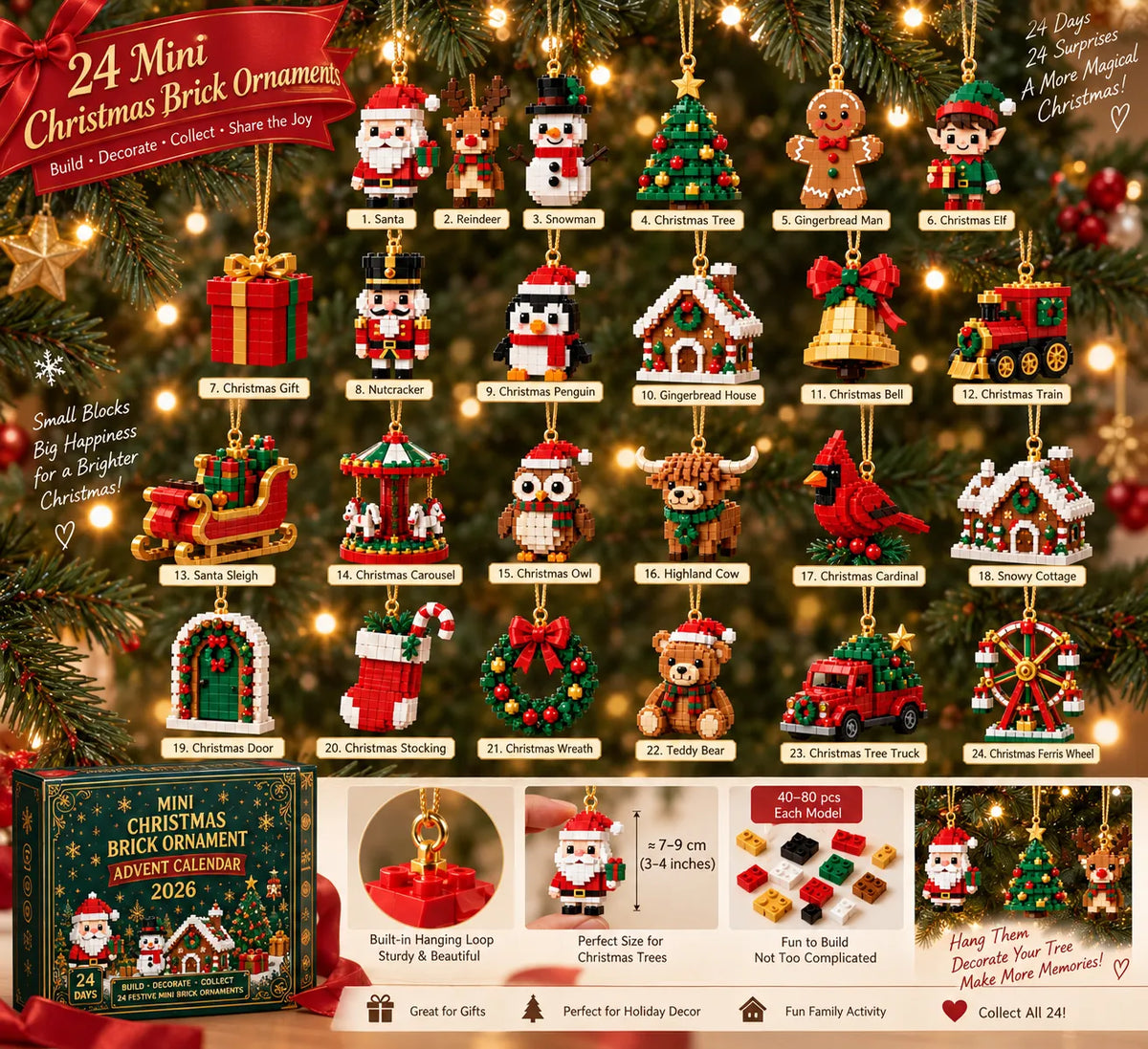 🎄24-Day Mini Christmas Brick Ornament Advent Calendar | 24 Unique Buildable Holiday Ornaments to Create, Hang & Keep 🧱