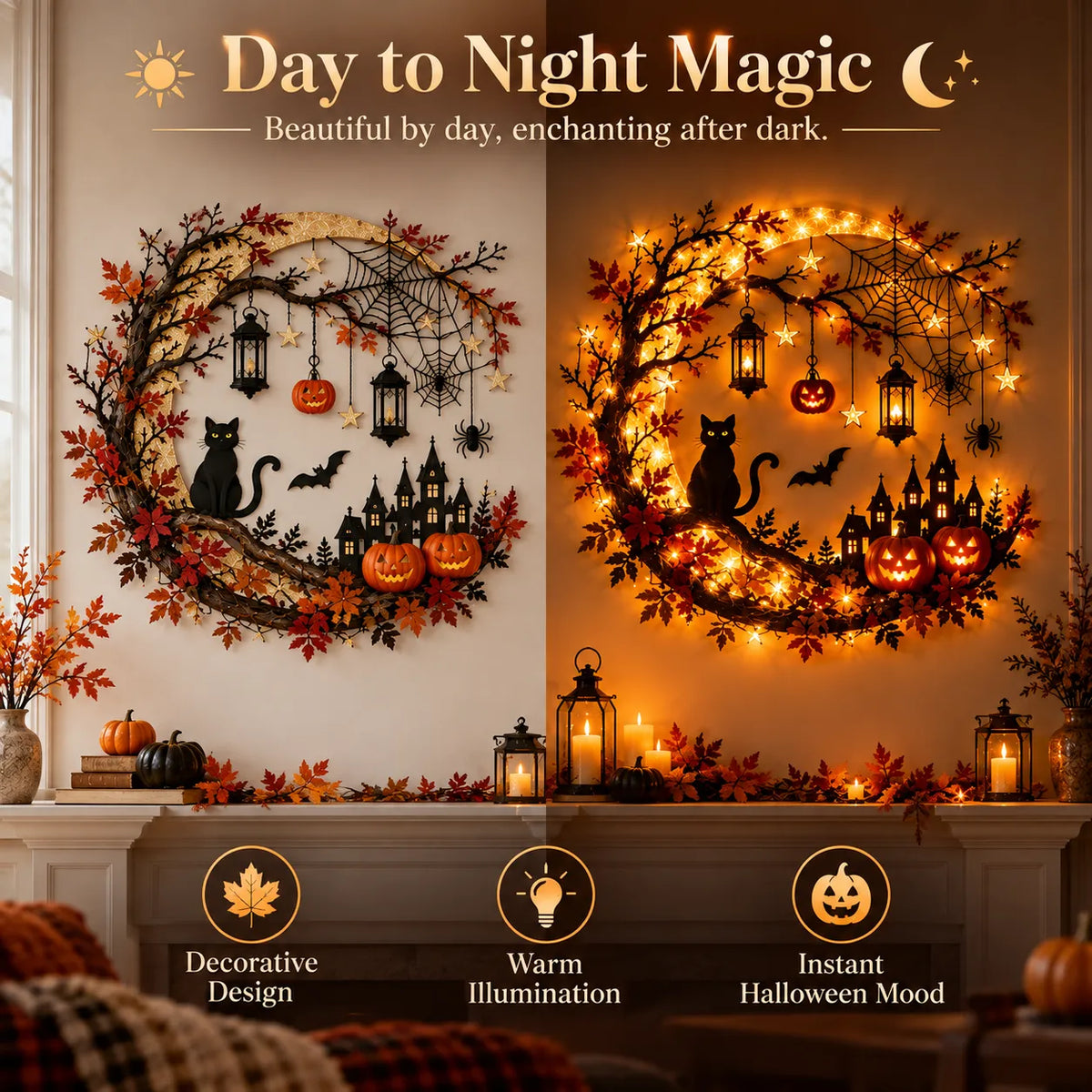 🌙🎃 Halloween Crescent Moon Lighted Wall Decor ✨