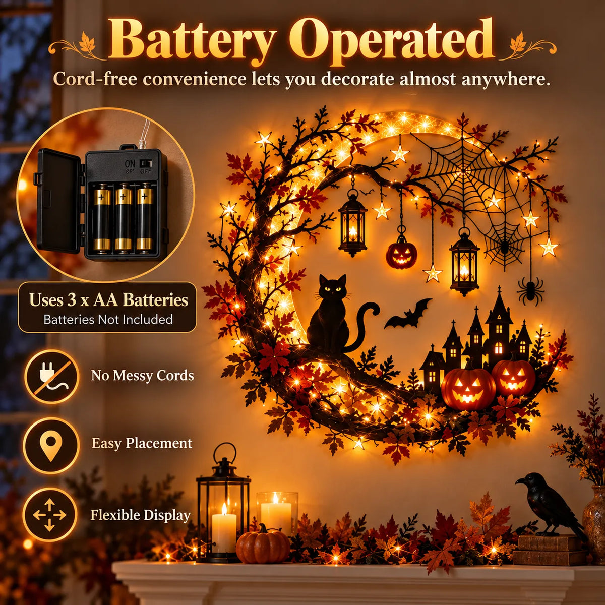 🌙🎃 Halloween Crescent Moon Lighted Wall Decor ✨