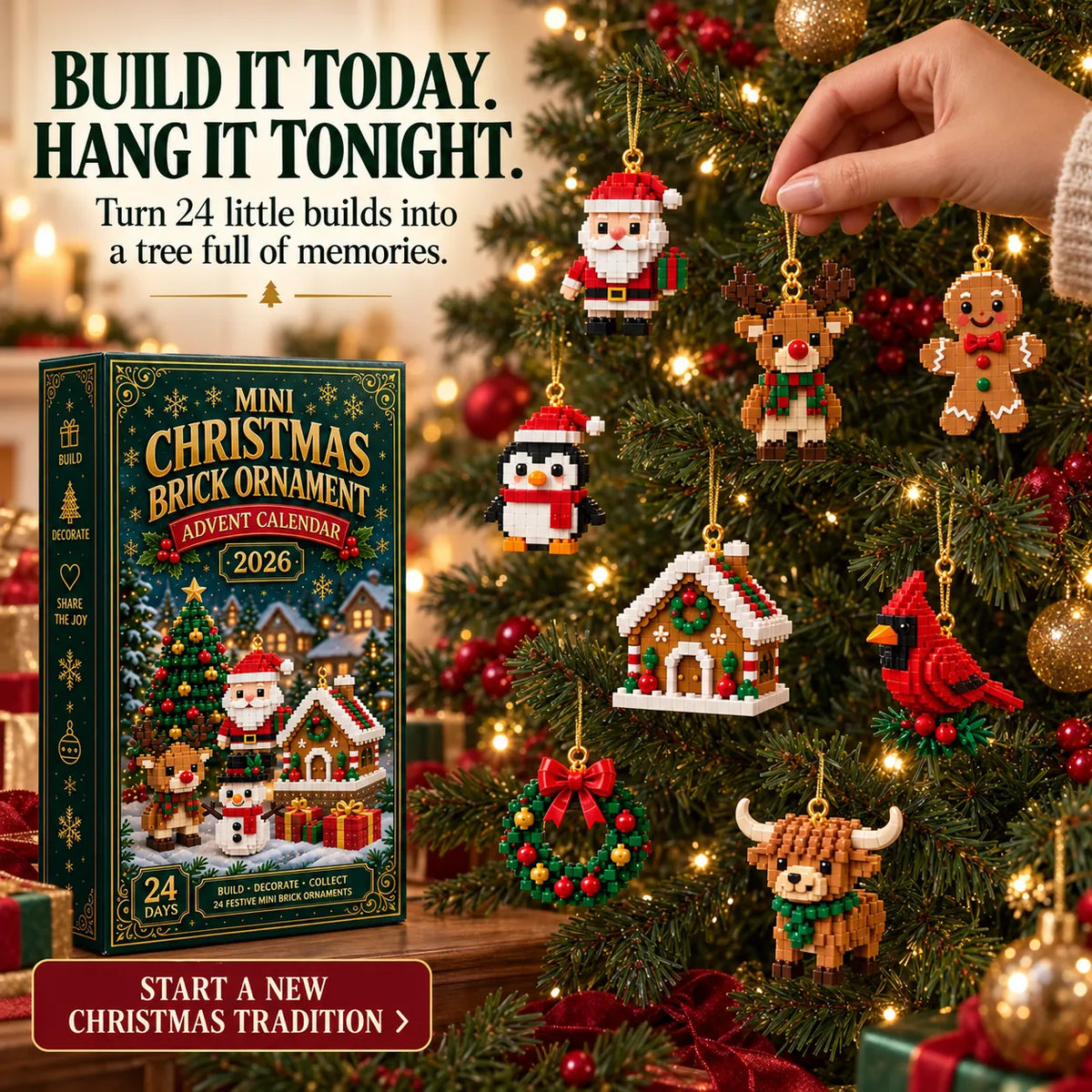 🎄24-Day Mini Christmas Brick Ornament Advent Calendar | 24 Unique Buildable Holiday Ornaments to Create, Hang & Keep 🧱