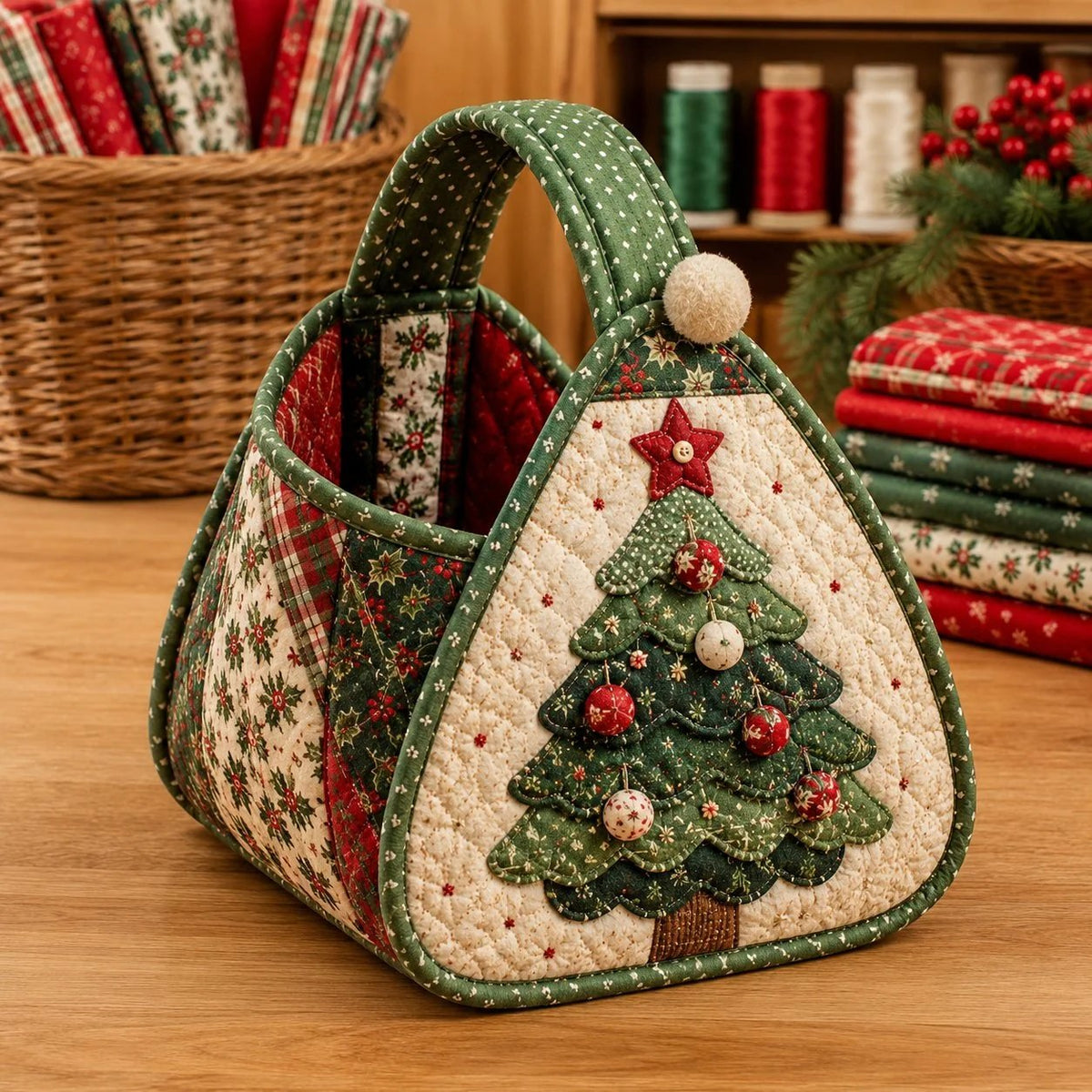 💯⏳  49% OFF – 🎄 Christmas Character Quilted Carry Basket | Padded Patchwork Fabrics, Layered Appliqué & Soft Carry Handle in DIY Kit or Ready-Made Styles 🎁✨