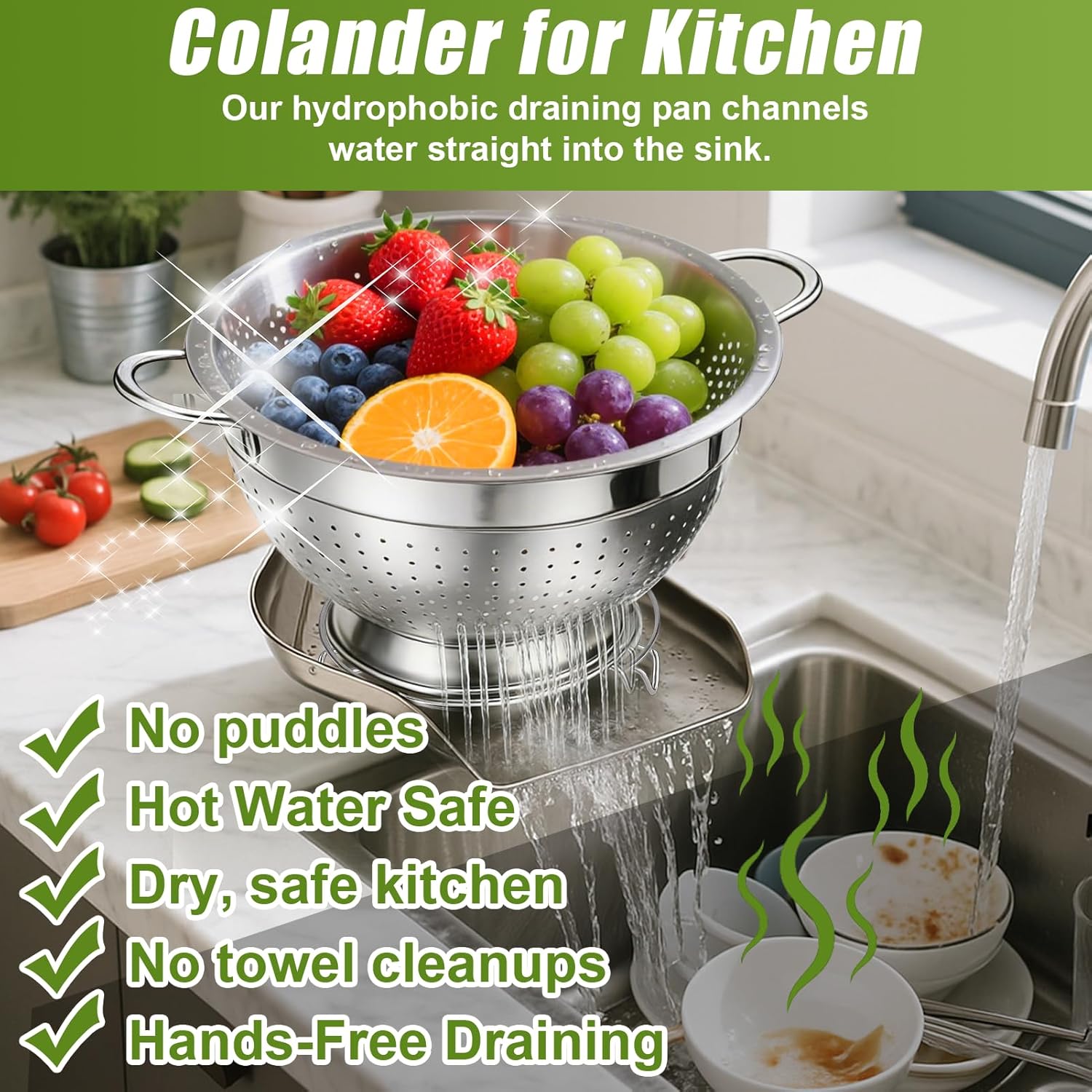 Colander and Strainer Self Drainer Base Plate Stainless Steel for Kitchen