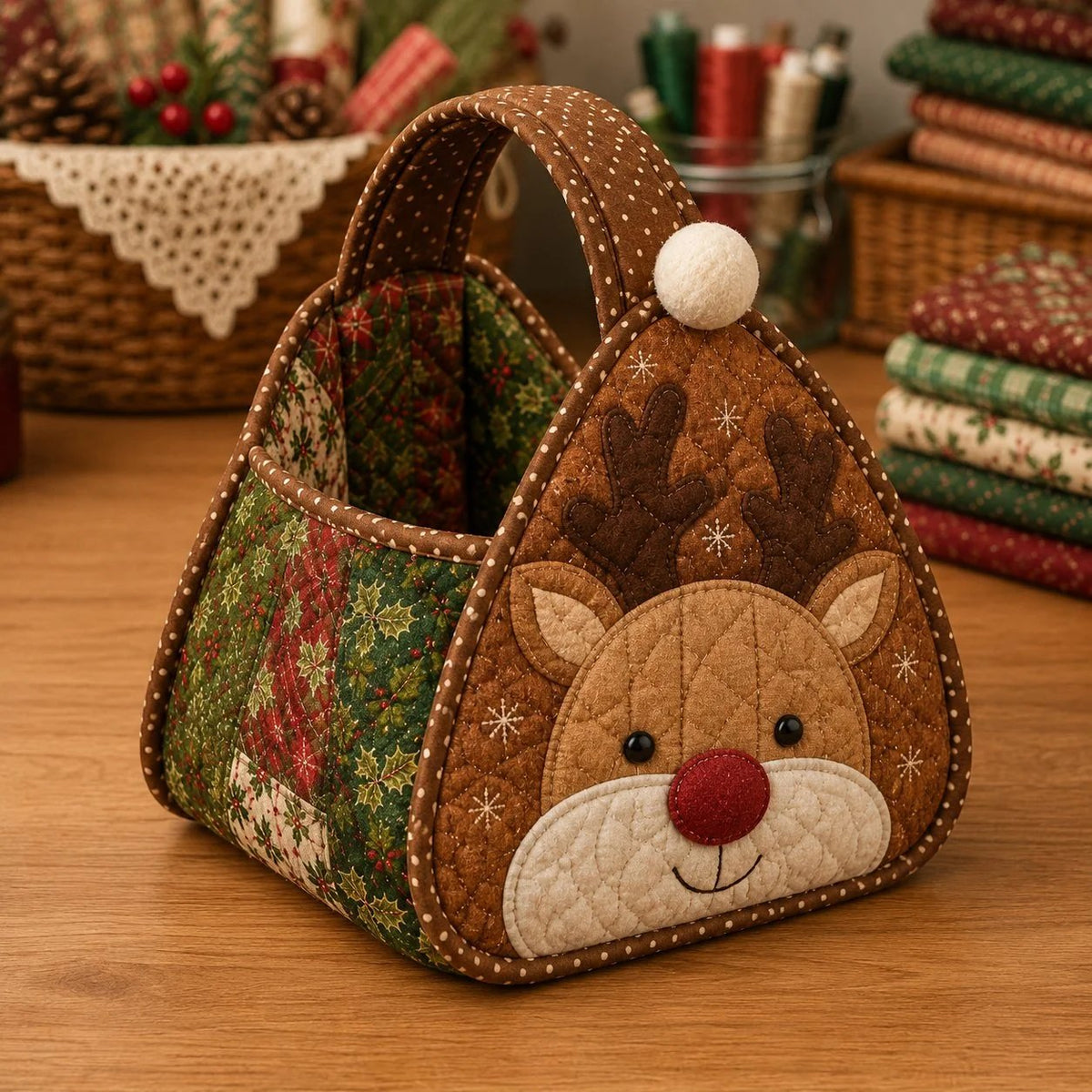 💯⏳  49% OFF – 🎄 Christmas Character Quilted Carry Basket | Padded Patchwork Fabrics, Layered Appliqué & Soft Carry Handle in DIY Kit or Ready-Made Styles 🎁✨