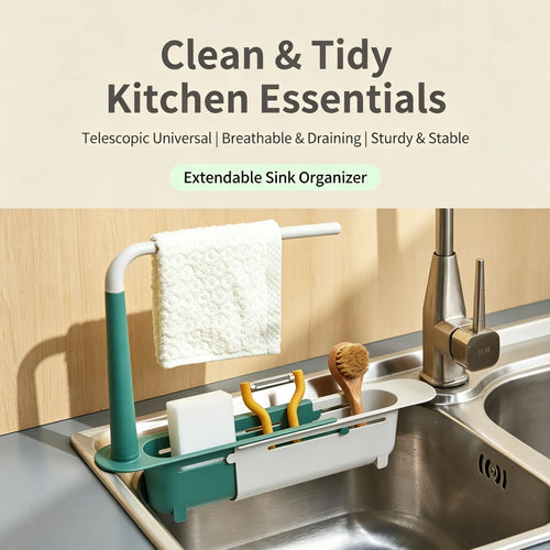 🧽 2-in-1 Telescopic Sink Organizer Rack – Expandable Sponge, Soap & Cloth Holder 🌿