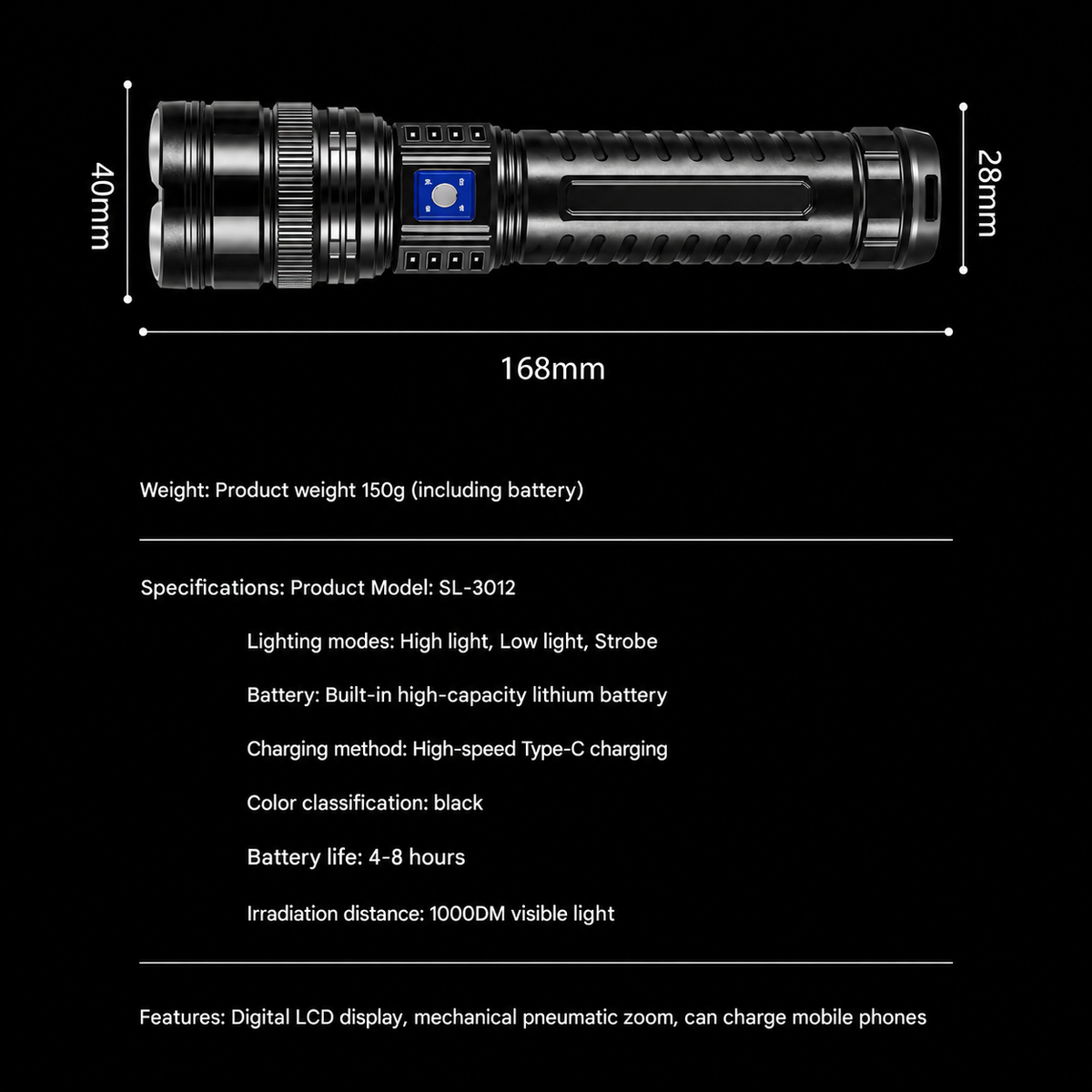 Portable Strong Flashlight Power Bank - USB Port