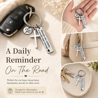 Maneja Con Cuidado Te Necesito Aquí Conmigo Keychain with Cross & I Love You Charm Spanish