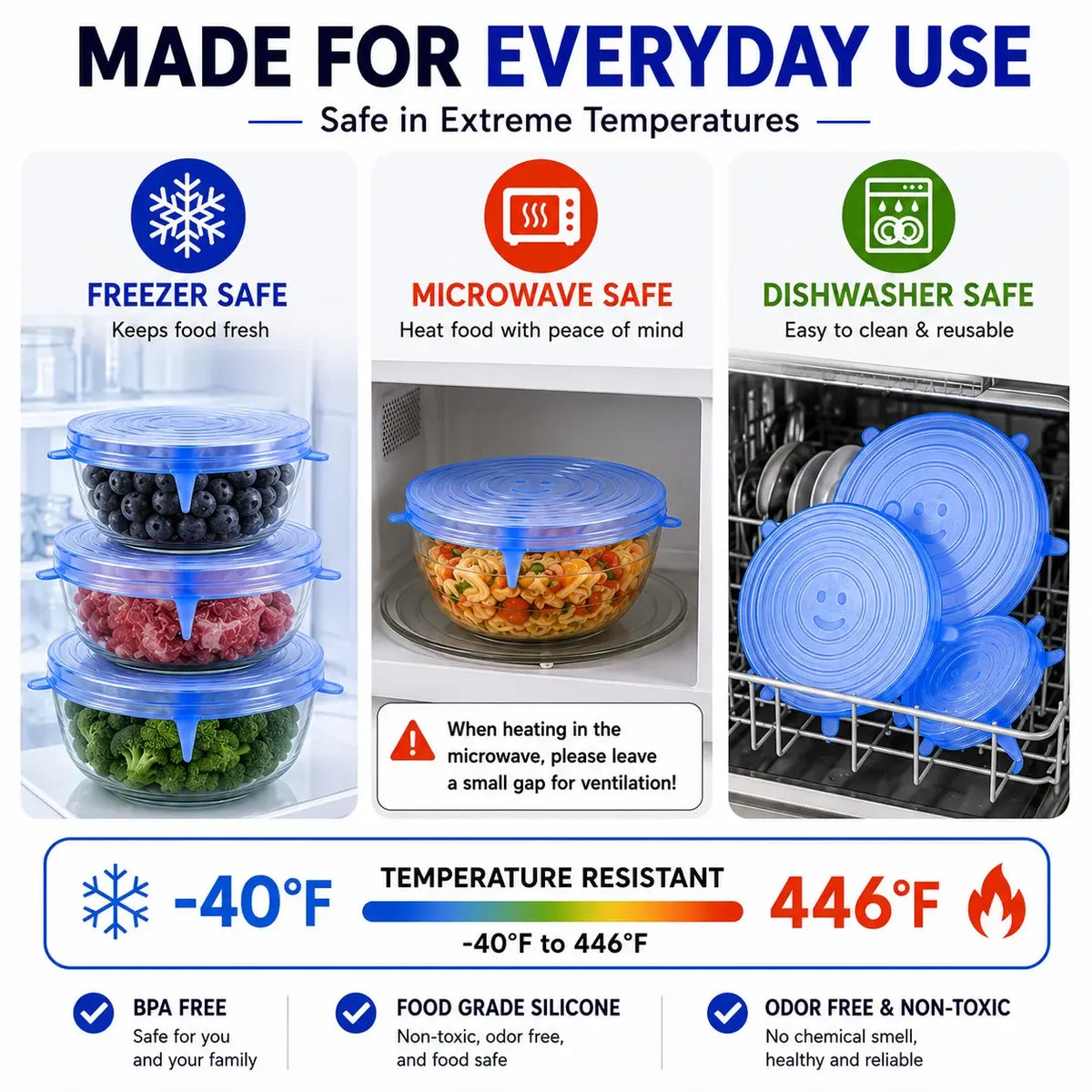 🥣✨ 6-Pack Silicone Stretch Lids – Reusable Food-Grade Container Covers 🍱