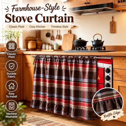 ✨2026 Farmhouse-Style Stove Curtain, Gingham Grid Ruffle-Edge Tier Curtains