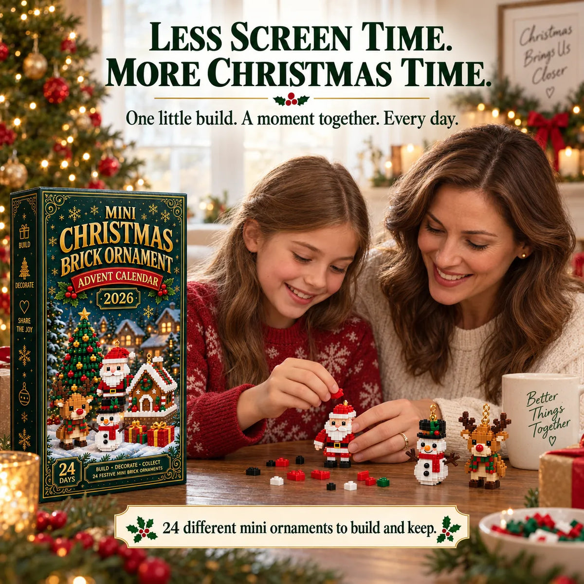 🎄24-Day Mini Christmas Brick Ornament Advent Calendar | 24 Unique Buildable Holiday Ornaments to Create, Hang & Keep 🧱