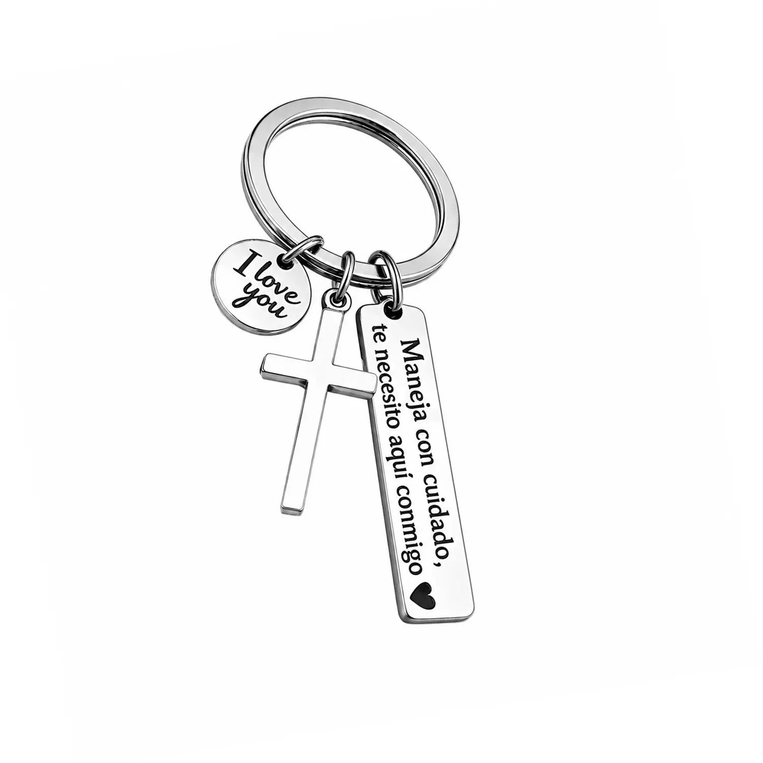 Maneja Con Cuidado Te Necesito Aquí Conmigo Keychain with Cross & I Love You Charm Spanish