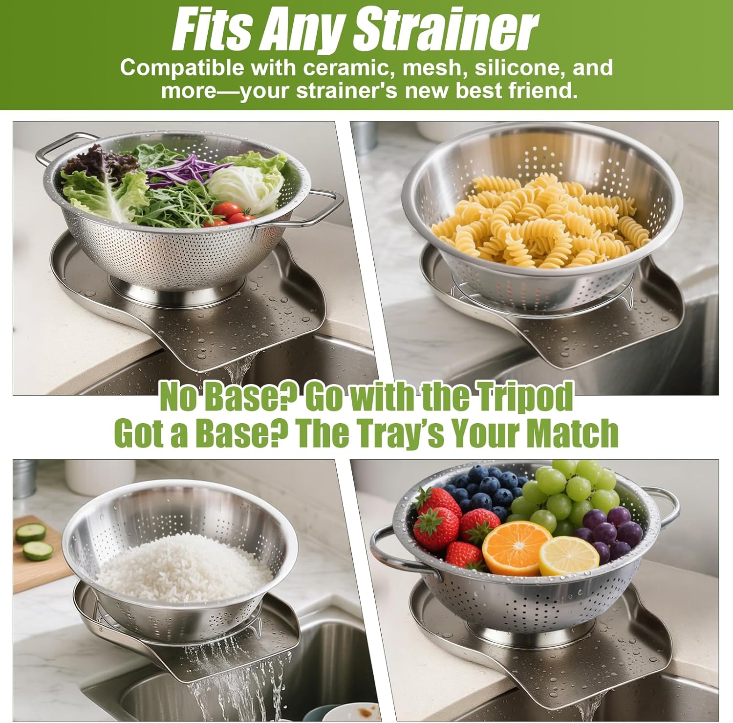 Colander and Strainer Self Drainer Base Plate Stainless Steel for Kitchen