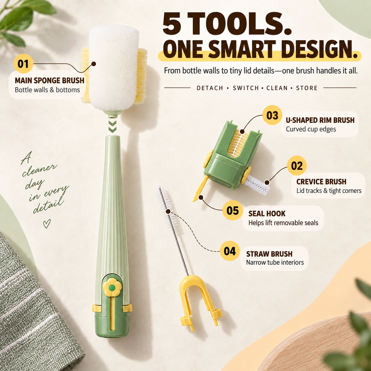 🧼 5-in-1 Bottle & Cup Cleaning Brush – Clean Every Hidden Corner