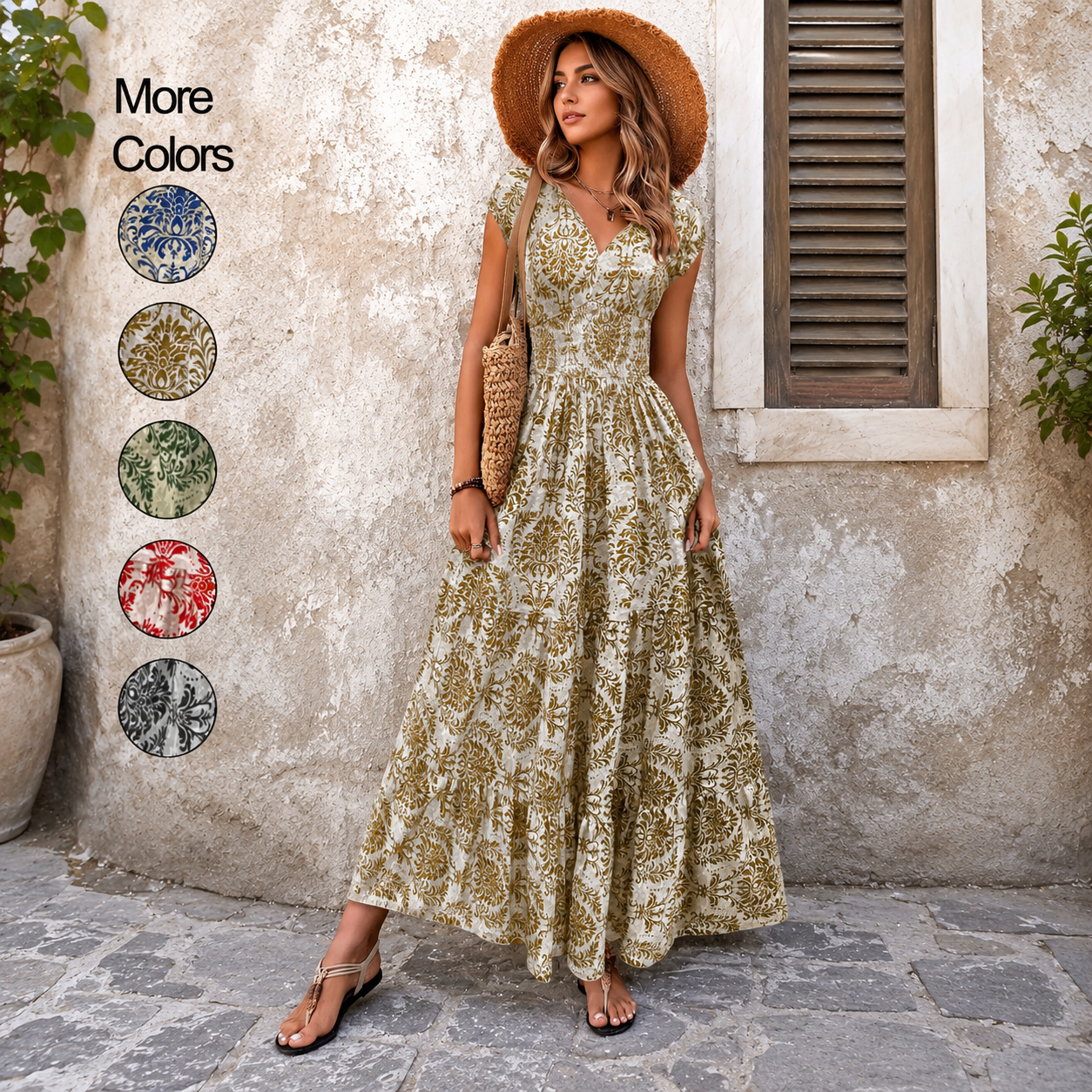 💃Women's Boho Shirred V-Neck Flowy Vacation Maxi Dress