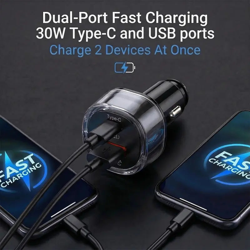 2-in-1 Compact Car Charger GPS Tracker Adapter - 50W Fast Charging USB-C Device