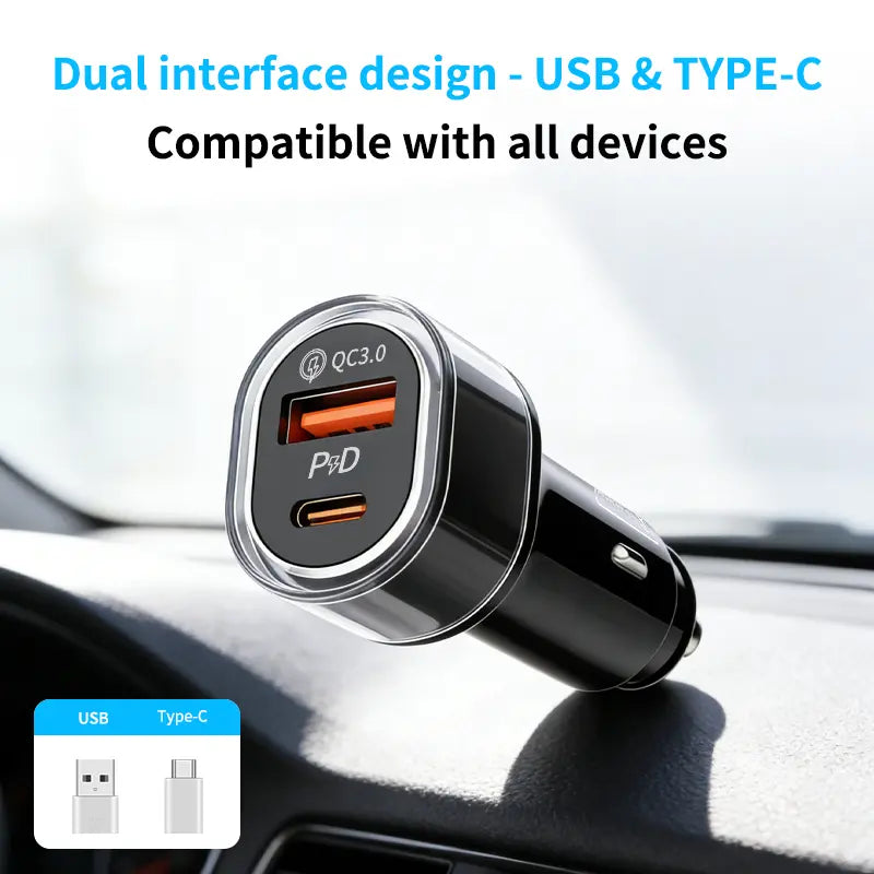 2-in-1 Compact Car Charger GPS Tracker Adapter - 50W Fast Charging USB-C Device