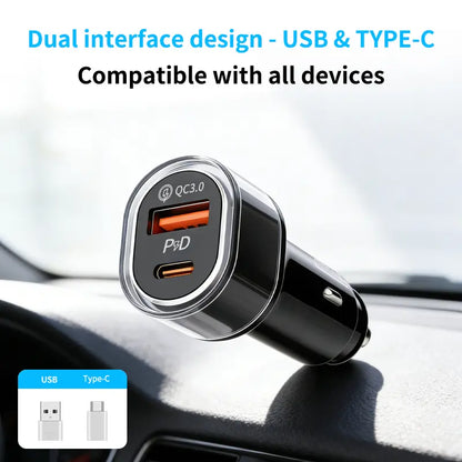 2-in-1 Compact Car Charger GPS Tracker Adapter - 50W Fast Charging USB-C Device