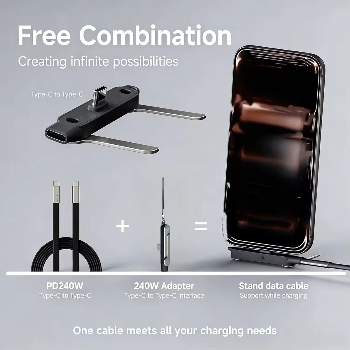 240W Ultra-Fast Type-C Cable with 360° Detachable Phone Stand