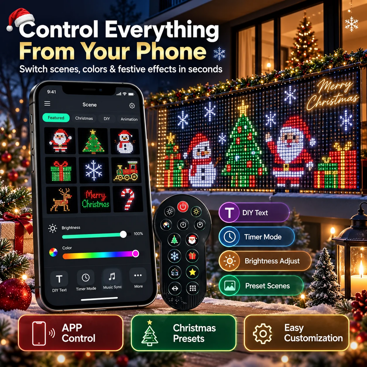 🎄Smart RGB Pixel Curtain Lights - App-Controlled Animated Holiday Display for Balcony & Window Decor