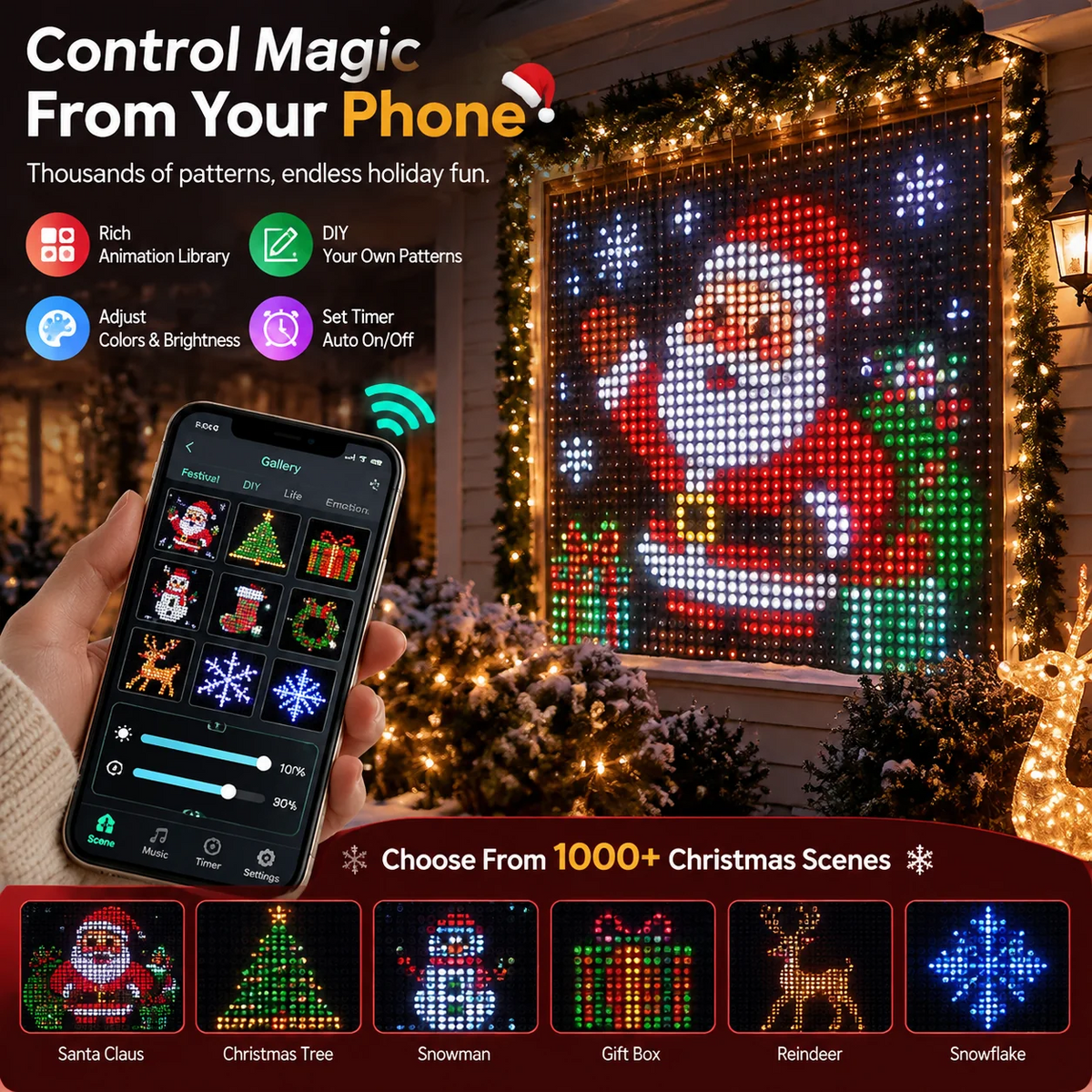 🎄Smart RGB Pixel Curtain Lights - App-Controlled Animated Holiday Display for Balcony & Window Decor