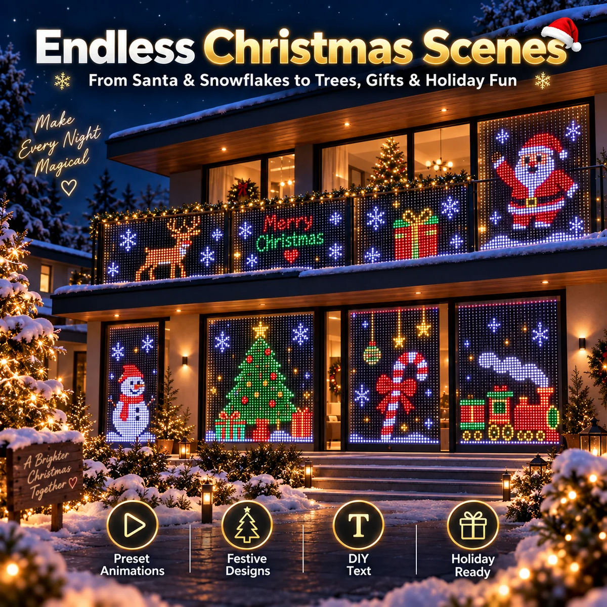 🎄Smart RGB Pixel Curtain Lights - App-Controlled Animated Holiday Display for Balcony & Window Decor