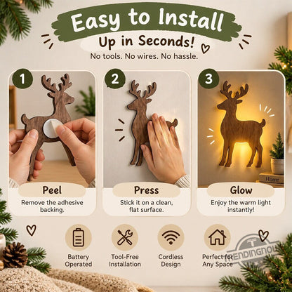 Reindeer Sleigh Press On – Lighted Christmas Wall Decor, Easy No-Tool Install