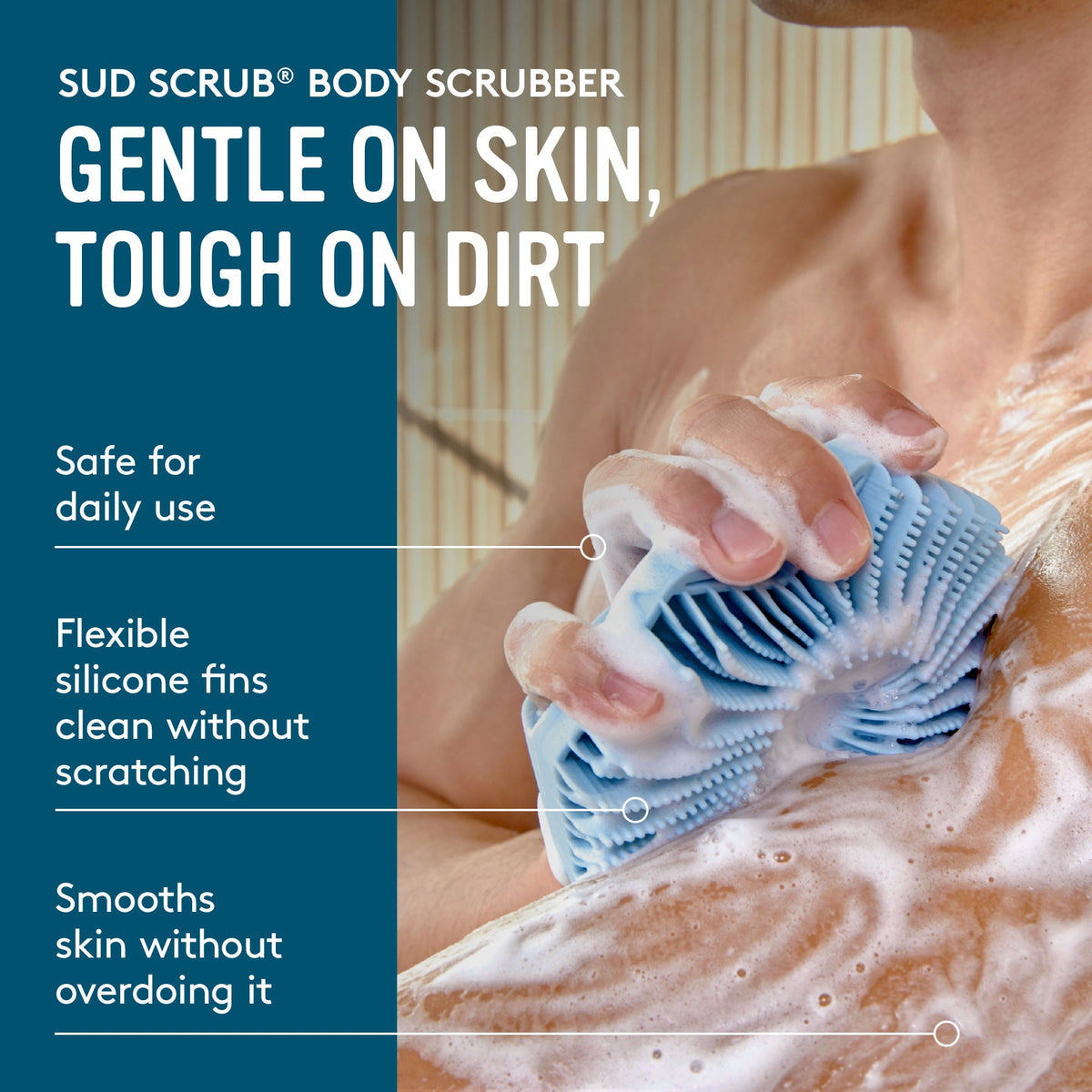 Body Bath Brush — Antibacterial silicone bath brush designed for sensitive and acne-prone skin.