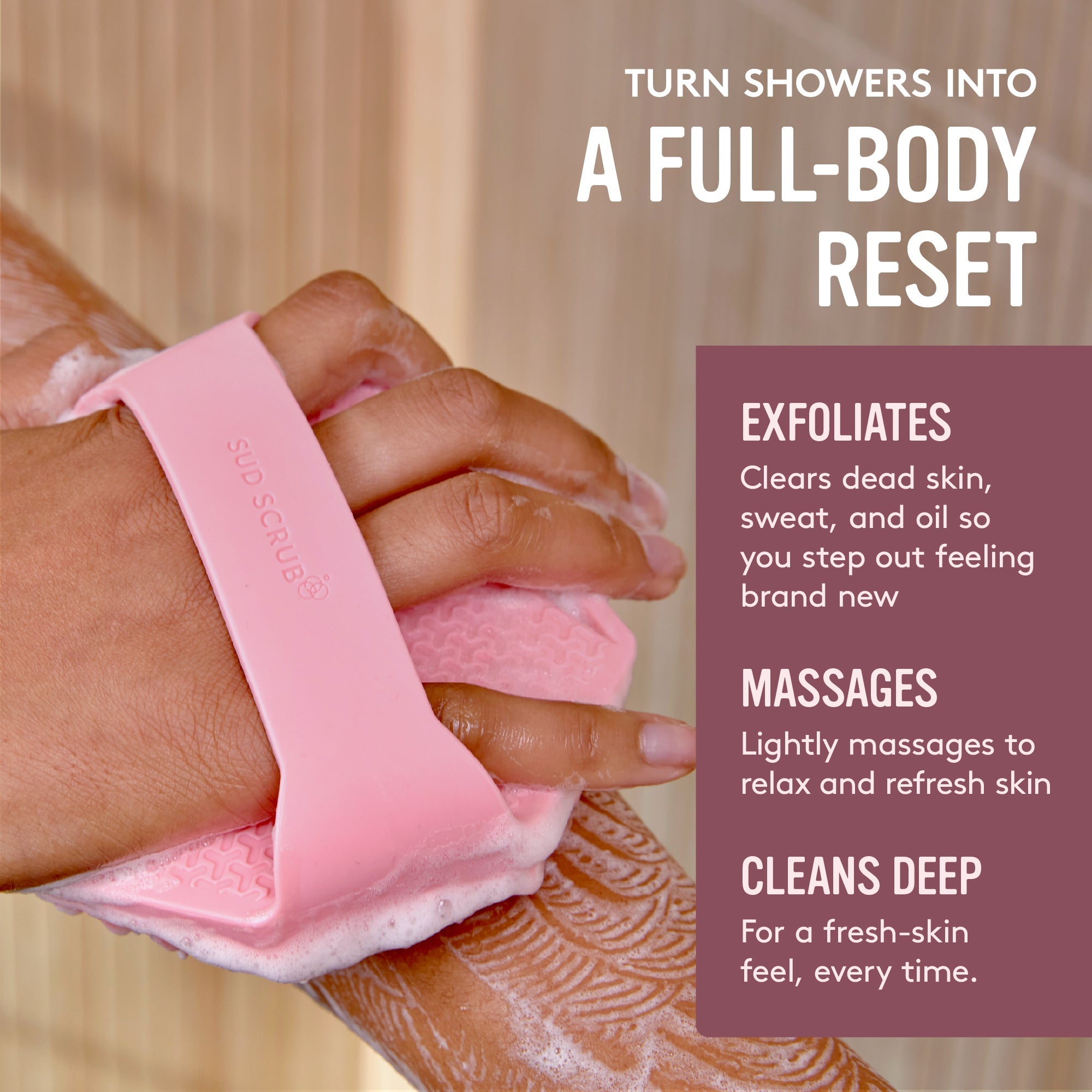 Body Bath Brush — Antibacterial silicone bath brush designed for sensitive and acne-prone skin.